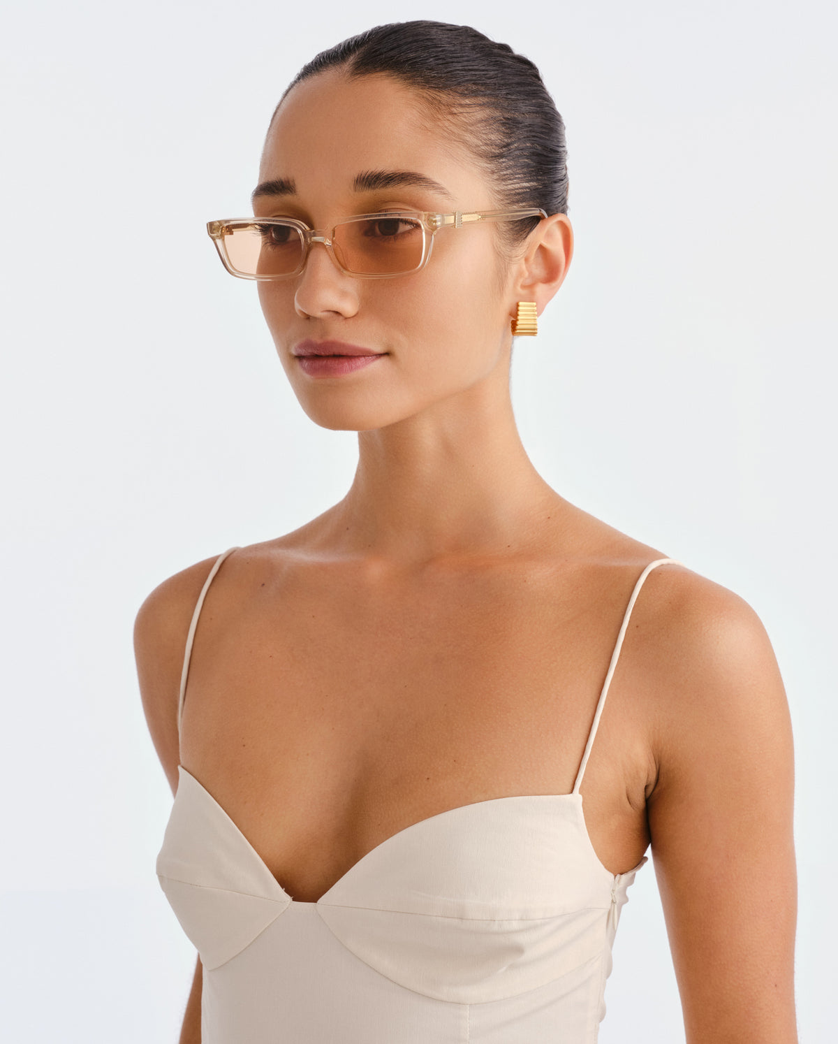 The Phoebe Luxe Peach Nude Female Rectangle Sunglasses | Luv Lou