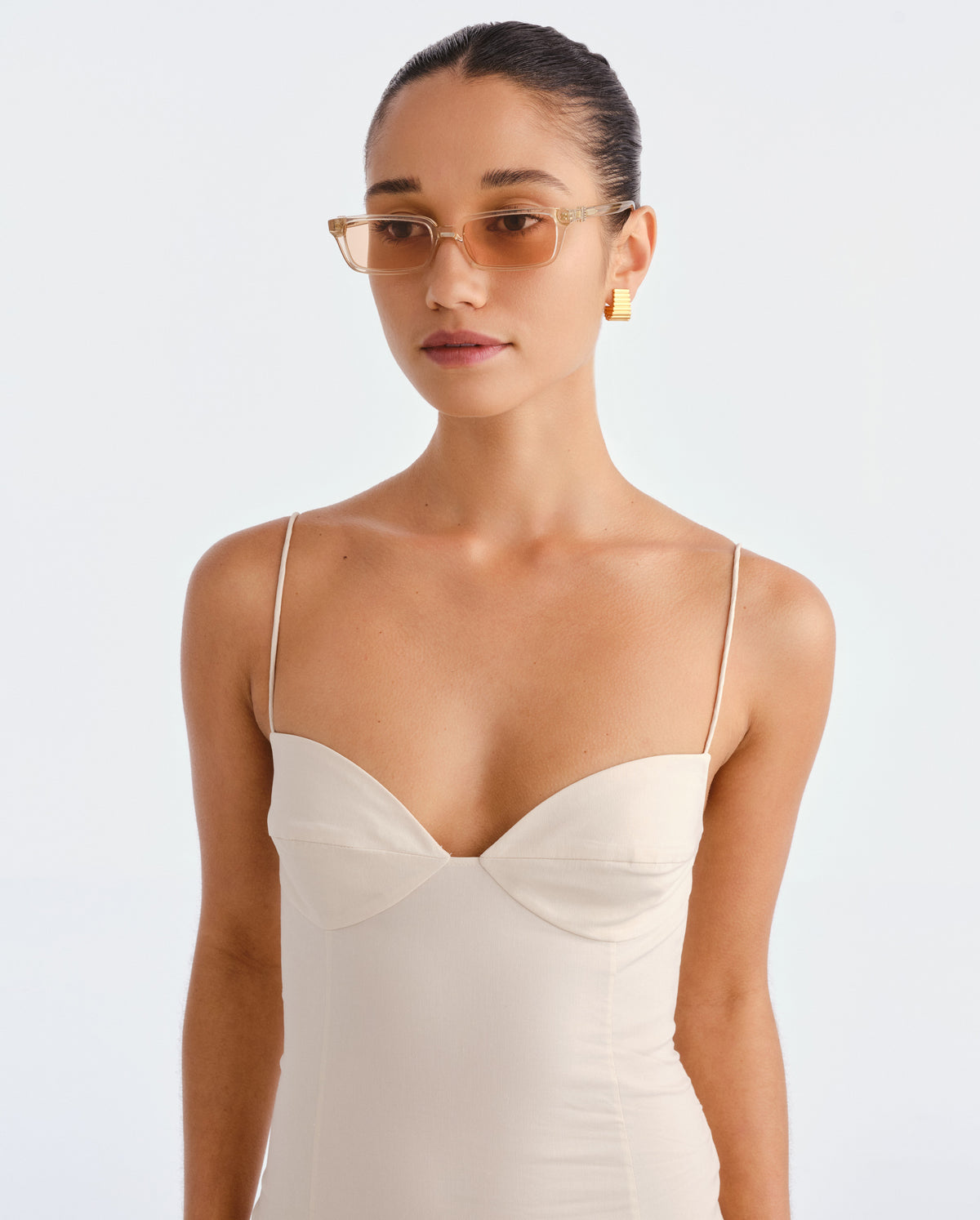 The Phoebe Luxe Peach Nude Female Rectangle Sunglasses | Luv Lou