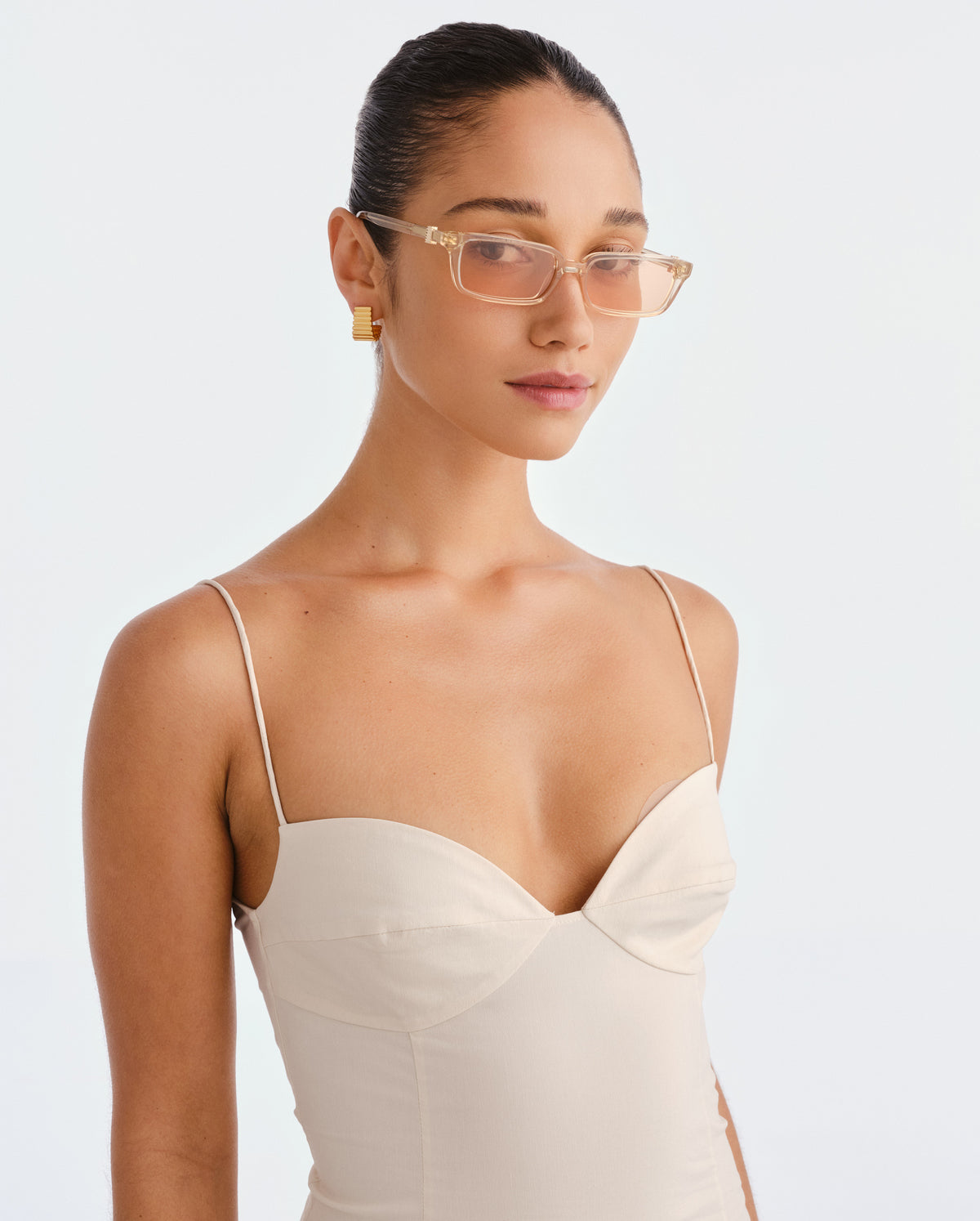 The Phoebe Luxe Peach Nude Female Rectangle Sunglasses | Luv Lou
